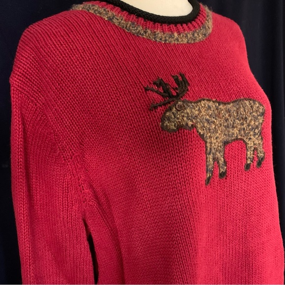 CJ Banks Sz2X red hand embroidered moose sweater black rolled hem&collar - Picture 3 of 10
